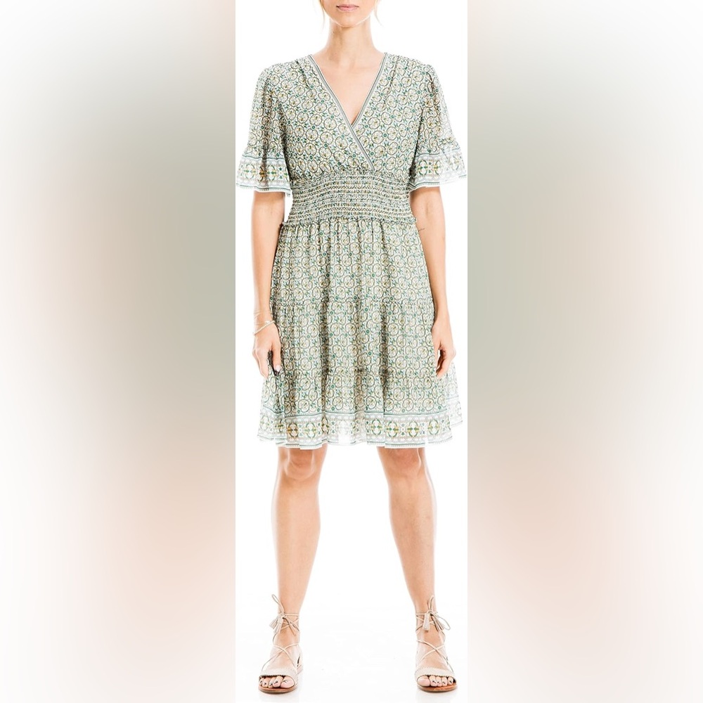 Max Studio Blue, White and Yellow Patterned V-Neck Smocked Mini Dress